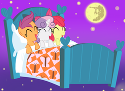 Size: 750x550 | Tagged: safe, artist:zat, apple bloom, scootaloo, sweetie belle, g4, bed, cutie mark crusaders, eyes closed, mare in the moon, moon, pixiv