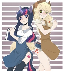 Size: 632x686 | Tagged: safe, artist:itsu no neko, applejack, twilight sparkle, human, g4, apron, book, clothes, daisy dukes, eared humanization, horn, horned humanization, humanized, light skin, pixiv, tailed humanization, thigh highs