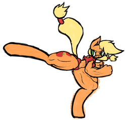 Size: 3352x3176 | Tagged: safe, artist:slitherkitty, applejack, earth pony, anthro, unguligrade anthro, g4, applebucking thighs, applejacked, female, kicking, muscles, solo, wide hips