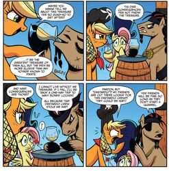 Size: 538x544 | Tagged: safe, idw, official comic, applejack, captain hoofbeard, fluttershy, earth pony, pegasus, pony, g4, spoiler:comic, spoiler:comic13, drunk, eyepatch, female, hiccup, mare, pineapple juice, pirate