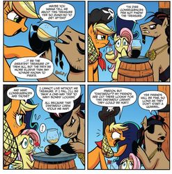 Size: 538x544 | Tagged: safe, idw, official comic, applejack, captain hoofbeard, fluttershy, earth pony, pegasus, pony, friendship is magic #13, g4, spoiler:comic, drunk, eyepatch, female, hiccup, mare, pineapple juice, pirate