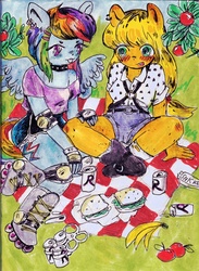 Size: 1000x1367 | Tagged: safe, artist:ivyatoms, applejack, rainbow dash, anthro, g4, blushing, clothes, drink, fingerless gloves, gloves, picnic, roller skates, suspenders, traditional art