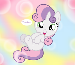 Size: 1240x1075 | Tagged: safe, artist:jan, sweetie belle, pony, unicorn, ask the crusaders, g4, cute, diasweetes, female, filly, giggling, on back, show accurate, solo