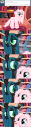 Size: 650x2625 | Tagged: safe, artist:mixermike622, queen chrysalis, oc, oc:fluffle puff, tumblr:ask fluffle puff, g4, alternate hairstyle, fluffle puffing, hissing, tumblr