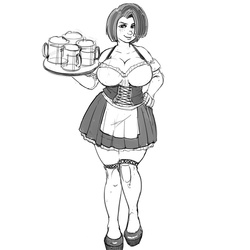 Size: 800x800 | Tagged: safe, artist:kevinsano, babs seed, human, g4, bar maid, beer, big breasts, breasts, busty babs seed, cleavage, clothes, corset, female, grayscale, humanized, monochrome, sexy, skirt, socks, solo, stupid sexy babs seed
