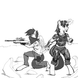 Size: 800x800 | Tagged: safe, artist:kevinsano, scootaloo, oc, anthro, unguligrade anthro, g4, armor, bandana, black and white, duo, glowing horn, grayscale, gun, hooves, horn, magic, monochrome, older, optical sight, rifle, sniper rifle, weapon, wings