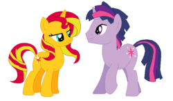 Size: 786x463 | Tagged: safe, artist:tigerprincesskaitlyn, sunset shimmer, twilight sparkle, pony, unicorn, g4, dusk shine, female, half r63 shipping, male, rule 63, ship:duskshimmer, ship:sunsetsparkle, shipping, straight