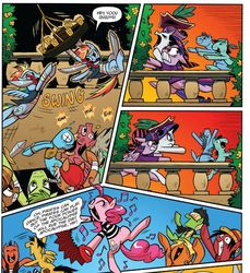 Size: 543x594 | Tagged: safe, idw, official comic, pinkie pie, rainbow dash, rarity, twilight sparkle, alicorn, earth pony, pegasus, pony, unicorn, g4, spoiler:comic, spoiler:comic13, accordion, bipedal, comic, female, male, mare, monkey d. luffy, mouth hold, musical instrument, one piece, pirate, song, stallion, the goonies, twilight sparkle (alicorn), x eyes