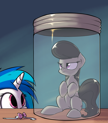 Size: 1200x1357 | Tagged: safe, artist:subjectnumber2394, dj pon-3, octavia melody, vinyl scratch, earth pony, pony, unicorn, g4, giantess, jar, macro, micro, pony in a bottle