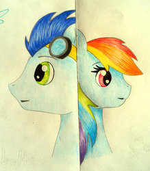 Size: 1024x1171 | Tagged: safe, artist:ilovethisrainbows, rainbow dash, soarin', g4, female, male, ship:soarindash, shipping, straight, traditional art