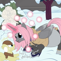 Size: 1280x1280 | Tagged: safe, artist:m-p-l, oc, oc only, oc:naughty blush, alicorn, pony, alicorn oc, foal, pregnant, snow, snowball, story included