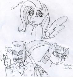 Size: 1024x1078 | Tagged: safe, artist:dfa-studios, fluttershy, twilight sparkle, g4, crossover, grim fandango, manny calavera, monochrome, sketch