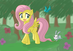 Size: 1448x1024 | Tagged: safe, artist:nac0n, angel bunny, fluttershy, g4, forest, full body