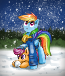 Size: 700x815 | Tagged: dead source, safe, artist:xioade, rainbow dash, scootaloo, pegasus, pony, g4, between legs, clothes, female, filly, foal, folded wings, hat, jacket, looking up, lying down, mare, prone, scarf, scootalove, smiling, snow, snowball, snowfall, wings, winter outfit