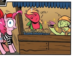 Size: 512x401 | Tagged: safe, idw, official comic, big macintosh, granny smith, pinkie pie, earth pony, pony, g4, spoiler:comic, spoiler:comic13, false teeth, gold, gold teeth, male, pie, pineapple, stallion, teeth