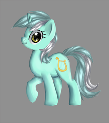 Size: 2214x2500 | Tagged: safe, artist:abovespace, lyra heartstrings, pony, unicorn, g4, female, gray background, looking at you, mare, profile, raised hoof, simple background, smiling, solo