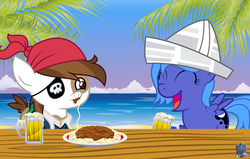 Size: 1024x650 | Tagged: safe, artist:abydos91, pipsqueak, princess luna, moonstuck, g4, beach, cartographer's cap, colt, drink, female, filly, filly luna, food, hat, male, pipsqueak eating spaghetti, pirate, spaghetti, table, woona, younger