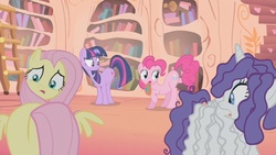 Size: 853x480 | Tagged: safe, screencap, fluttershy, pinkie pie, rarity, twilight sparkle, earth pony, pegasus, pony, unicorn, bridle gossip, g4, butt, female, flutterbutt, flutterguy, hairity, mare, plot, spitty pie, twilight flopple