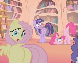 Size: 590x480 | Tagged: safe, screencap, fluttershy, pinkie pie, rarity, twilight sparkle, earth pony, pegasus, pony, unicorn, bridle gossip, g4, butt, butt tail, female, flutterbutt, flutterguy, hairity, looking back, mare, out of context, plot, spitty pie, twilight flopple