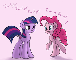 Size: 1300x1037 | Tagged: safe, artist:subjectnumber2394, pinkie pie, twilight sparkle, alicorn, llama, pony, g4, dialogue, duo, female, mare, pinkie being pinkie, twilight sparkle (alicorn)