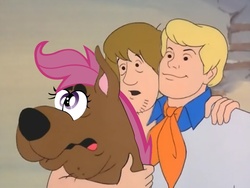 Size: 940x705 | Tagged: safe, edit, scootaloo, dog, great dane, human, g4, eyes, fred jones, hair, scooby-doo, scooby-doo!, shaggy rogers