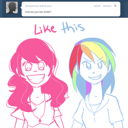 Size: 700x700 | Tagged: safe, artist:missmagikarp, pinkie pie, rainbow dash, human, g4, ask, humanized, text, tumblr