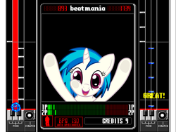 Size: 1023x768 | Tagged: safe, dj pon-3, vinyl scratch, pony, unicorn, g4, beatmania, female, hooves, horn, mare, open mouth, rhythm game, solo, vector