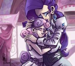 Size: 800x705 | Tagged: safe, artist:theartrix, rarity, sweetie belle, human, g4, sisterhooves social, carousel boutique, crying, embrace, feels, forgiveness, hug, humanized, light skin, scene interpretation, sisters, sweetielove