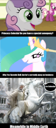 Size: 494x1137 | Tagged: safe, cheerilee, princess celestia, sweetie belle, horse, g4, bust, comic, crossover, gandalf, lord of the rings, shadowfax
