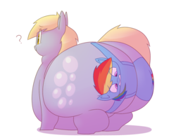 Size: 1000x800 | Tagged: safe, artist:secretgoombaman12345, derpy hooves, rainbow dash, pegasus, pony, ask chubby diamond, g4, aderpose, bubble butt, butt, fat, flattened, impossibly large butt, impossibly wide hips, morbidly obese, obese, plot, question mark, simple background, transparent background, tumblr, wide hips