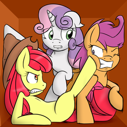 Size: 1024x1024 | Tagged: safe, artist:tails-doll-lover, apple bloom, scootaloo, sweetie belle, g4, angry, box, crowded, cutie mark crusaders, ears back, gritted teeth, kicking, older, older apple bloom, older cmc, older scootaloo, older sweetie belle, on back, teenage crusaders answers, teenager, wide eyes, wink