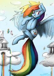 Size: 2507x3541 | Tagged: safe, artist:somnias, blossomforth, derpy hooves, rainbow dash, spitfire, pegasus, pony, g4, cloudsdale, female, flying, in the distance, mare, observer, rainbow, shocked, smiling, wonderbolts