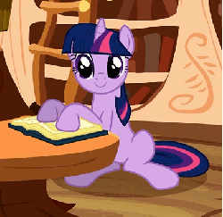 Size: 412x402 | Tagged: safe, edit, edited screencap, screencap, twilight sparkle, pony, a friend in deed, g4, animated, book, cropped, female, golden oaks library, sitting, solo