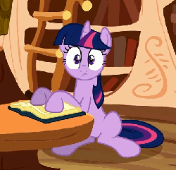 Size: 420x405 | Tagged: safe, screencap, twilight sparkle, a friend in deed, g4, animated, book, cropped, facebooking, facedesk, female, frown, golden oaks library, looking at you, sitting, solo, stealth pun, wide eyes
