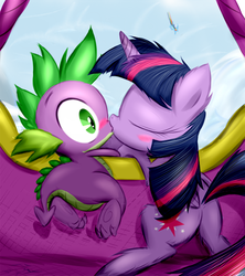 Size: 528x594 | Tagged: safe, artist:frist44, rainbow dash, spike, twilight sparkle, alicorn, pony, g4, blushing, duo, female, hot air balloon, kiss on the lips, kissing, male, mare, ship:twispike, shipping, straight, surprise kiss, surprised, twilight sparkle (alicorn), twinkling balloon