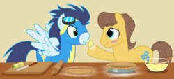 Size: 1874x845 | Tagged: safe, artist:thelastgherkin, caramel, soarin', earth pony, pegasus, pony, g4, clothes, duo, gay, male, pie, shipping, simple background, soarmel, spread wings, stallion, uniform, wings, wonderbolts uniform, yellow background