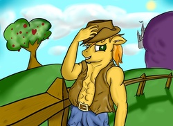 Size: 1100x800 | Tagged: safe, artist:mixmasterz, braeburn, earth pony, anthro, g4, abs, clothes, male, solo, topless
