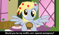 Size: 1600x973 | Tagged: safe, derpy hooves, pegasus, pony, g4, bronybait, caption, cs captions, female, heart, love, mare, muffin, solo, special somepony