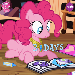 Size: 549x548 | Tagged: safe, pinkie pie, g4, season 4, coloring, coloring book, countdown, crayon, element of harmony, element of laughter, female, hub logo, solo, the hub