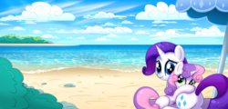 Size: 1527x730 | Tagged: safe, artist:ctb-36, rarity, sweetie belle, pony, unicorn, g4, beach, beach umbrella, butt, cloud, cloudy, ctb-36 is trying to murder us, cute, diasweetes, female, filly, foal, hug, mare, ocean, plot, sisters, water