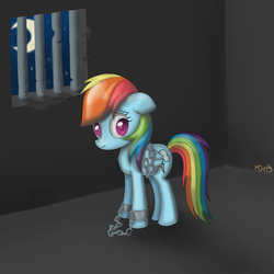 Size: 2000x2000 | Tagged: safe, artist:finnishgirl97, rainbow dash, g4, bound wings, chains, female, jail, prison, prisoner rd, sad, shackles, solo