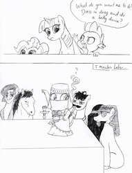 Size: 592x774 | Tagged: safe, artist:queencold, pinkie pie, spike, twilight sparkle, saddle arabian, g4, aladdin, belly dancer, burqa, crossdressing, disney, hoers, hookah, monochrome, parody, sketch