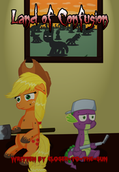 Size: 1500x2152 | Tagged: safe, artist:taco-bandit, applejack, spike, dragon, earth pony, pony, zombie, g4, fanfic, female, male, mare, shovel, sitting