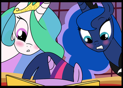 Size: 710x510 | Tagged: safe, artist:madmax, princess celestia, princess luna, twilight sparkle, g4, blushing, book, reading