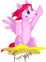 Size: 1191x1577 | Tagged: safe, artist:scouthiro, pegasus, pony, puffball, kirby, kirby (series), male, ponified, raised hoof, sitting, solo, spread wings, warp star, wings