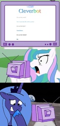 Size: 675x1410 | Tagged: safe, princess celestia, princess luna, g4, angry, cleverbot, exploitable meme, female, meme, offended, text, trolluna, tv meme