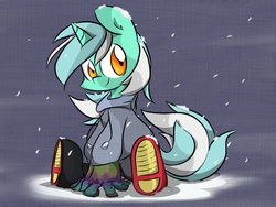 Size: 2048x1536 | Tagged: safe, artist:melodenesa, lyra heartstrings, g4, boots, clothes, coat, female, gloves, pants, sitting, snow, snowfall, solo, winter
