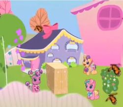 Size: 400x350 | Tagged: safe, pinkie pie (g3), rainbow dash (g3), scootaloo (g3), butterfly, g3, g3.5, newborn cuties, over two rainbows, baby, filly