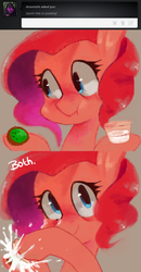 Size: 656x1260 | Tagged: dead source, safe, artist:dhui, pinkie pie, g4, ask, food, kiwi fruit, pudding, tired pie