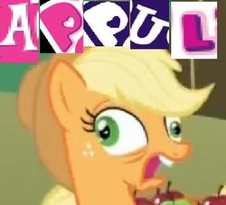 Size: 560x509 | Tagged: safe, applejack, pony, g4, appul, derp, expand dong, faic, female, majestic as fuck, open mouth, silly, silly pony, solo, that pony sure does love apples, wide eyes